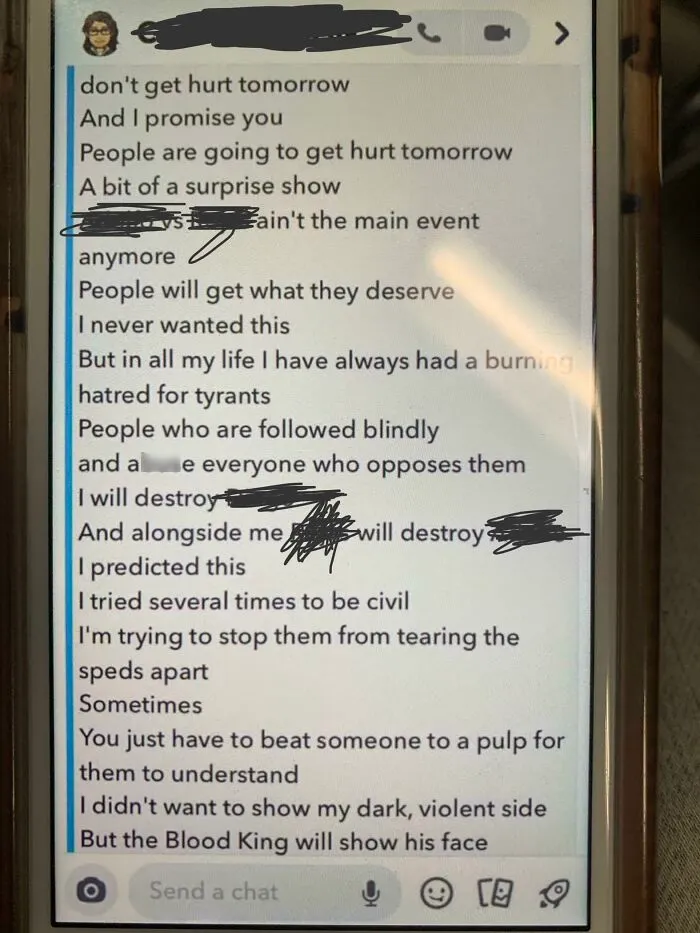 Screenshot of dark violent message expressing hatred for tyrants and threats