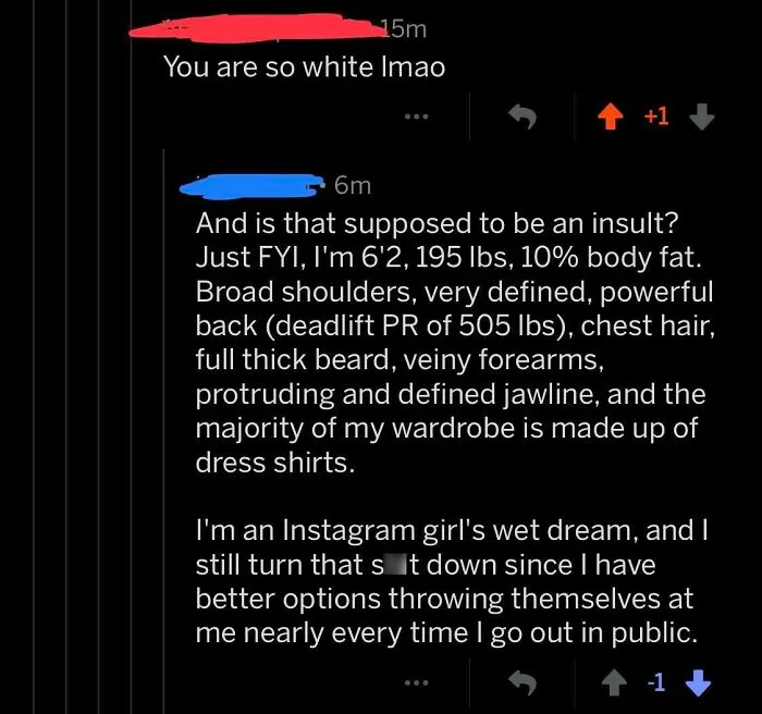 Online comment boasting physical stats and confidence in response to insult