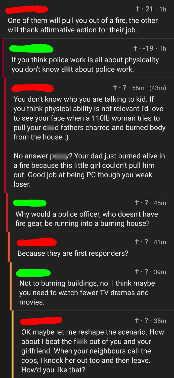Text exchange arguing about physicality in police work and violent threats