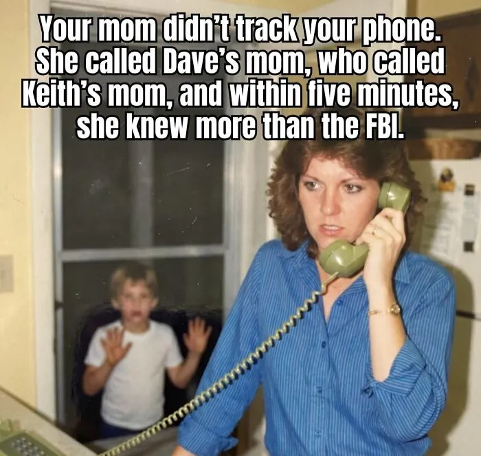 80s mom on phone tracking kids with neighborhood calls