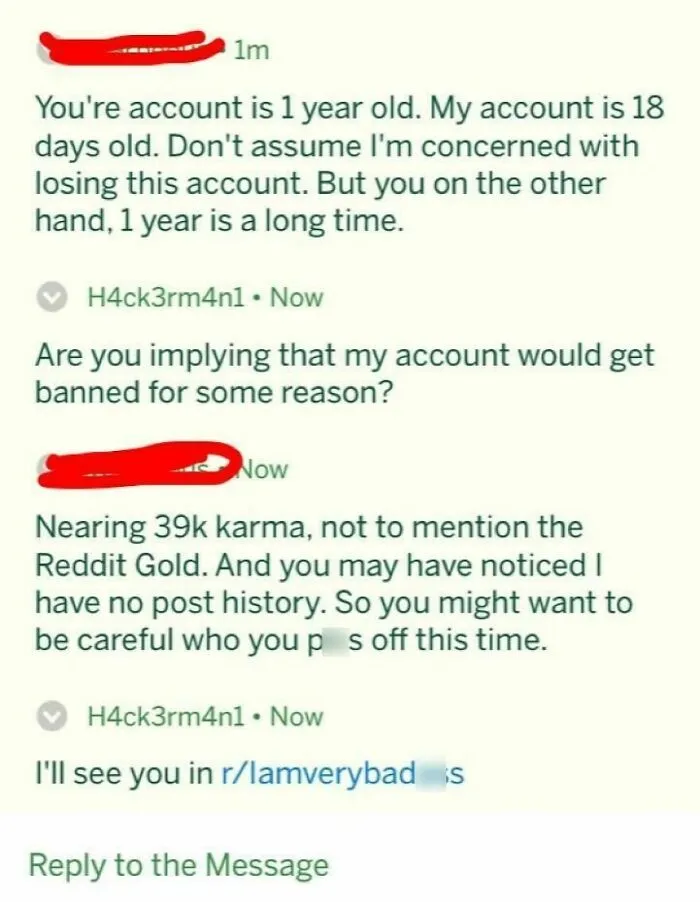 Reddit conversation boasting about account age and karma for online toughness