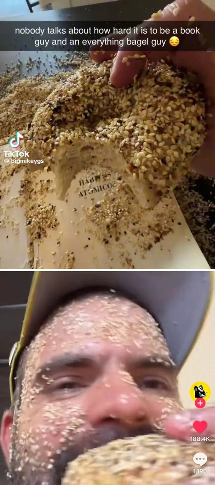 Person holding and eating an everything bagel, face covered in sesame seeds and spices