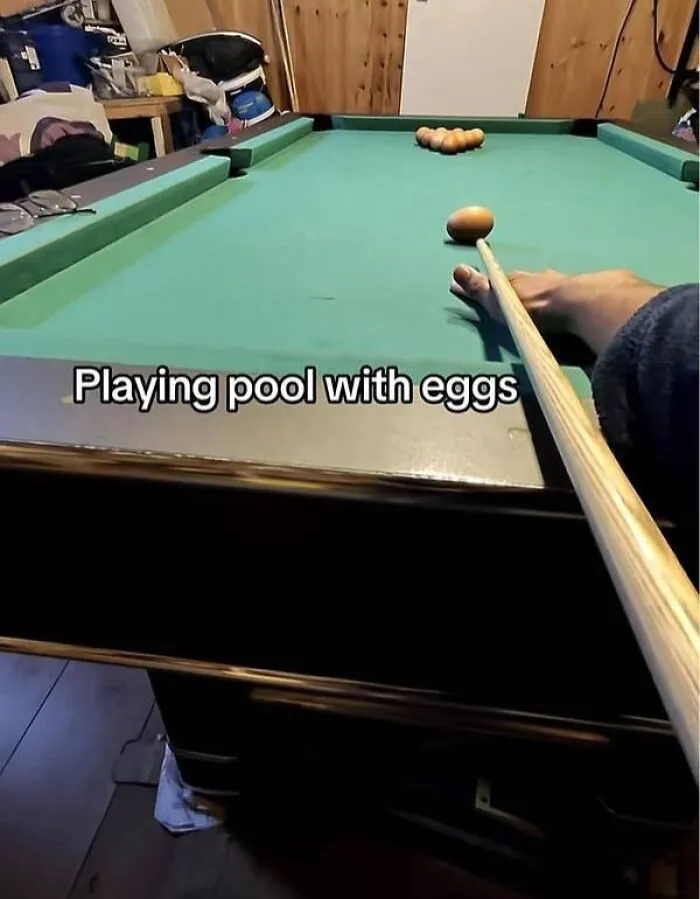 Playing pool using eggs on pool table in cursed images