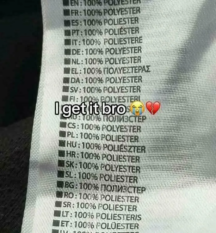 Clothing label showing 100% polyester repeated in many languages