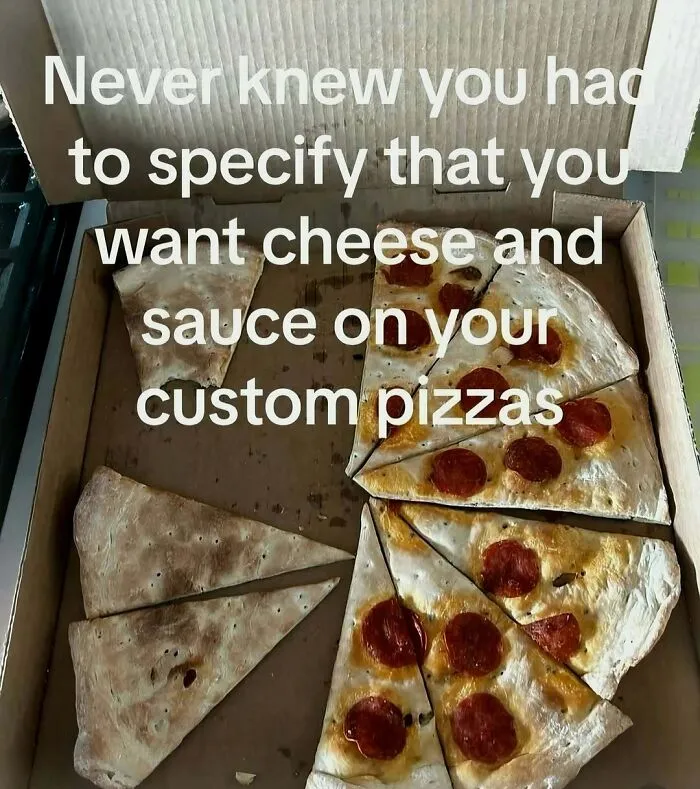 A funny photo of a custom pizza delivered without cheese or sauce.