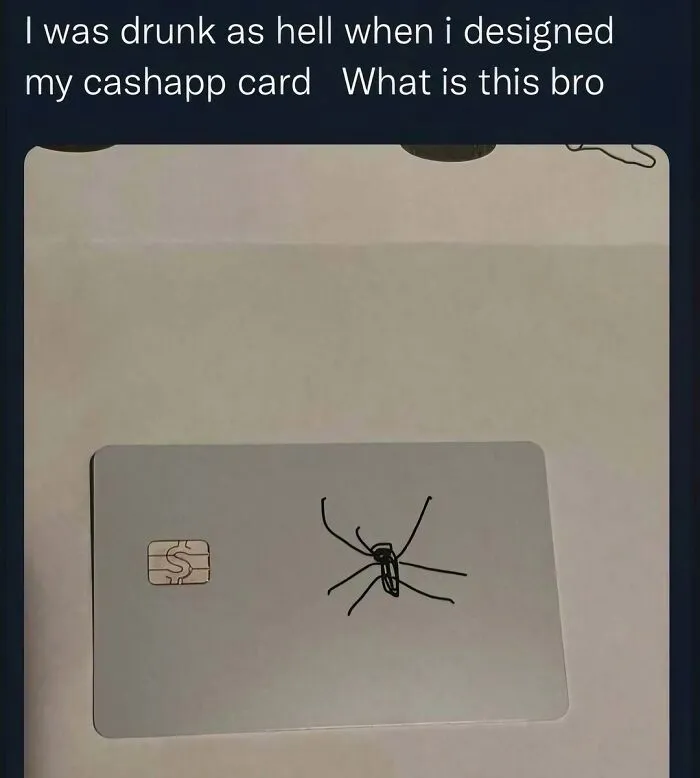 Hilarious pics of a custom debit card featuring a hand-drawn spider design