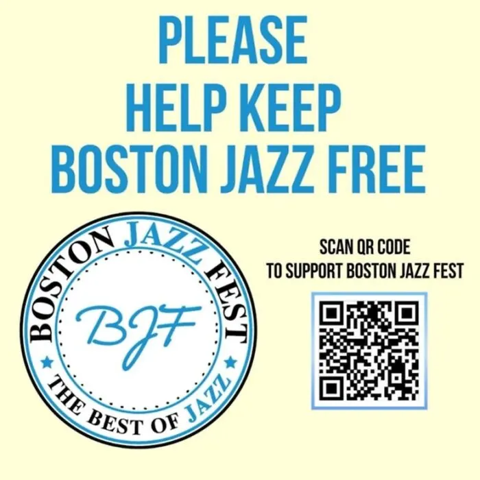 Sign poster asking to help keep Boston Jazz free with QR code