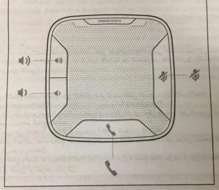 Diagram of a speakerphone with confusing mute and volume controls layout