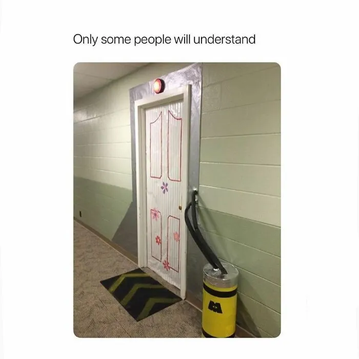 British dry humor joke with Monsters Inc themed decorated door