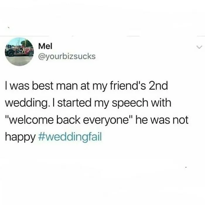 British humor wedding fail with best man speech joke about second wedding