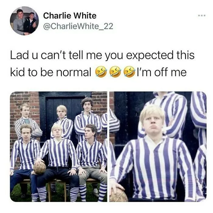Tweet joking about a kid not behaving normally with vintage group photo
