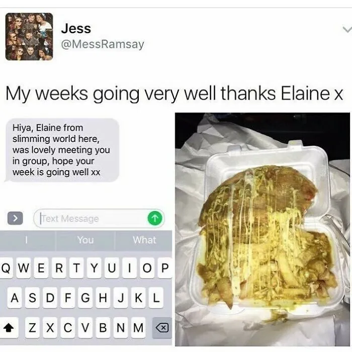 Text message from slimming world with a photo of cheesy chips humor