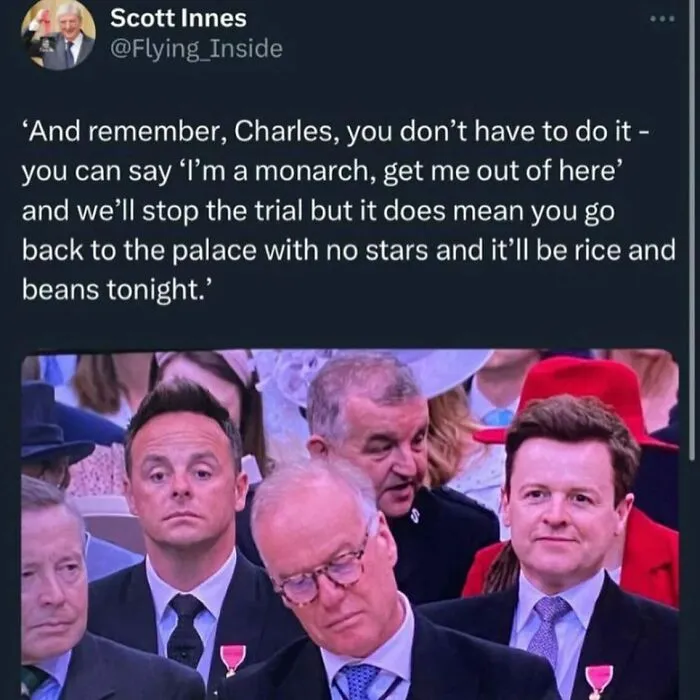 British joke about monarchy and royal trial with rice and beans