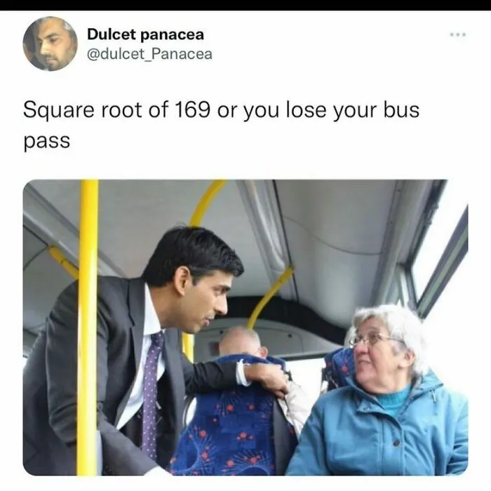 British dry humor meme involving math challenge on a bus