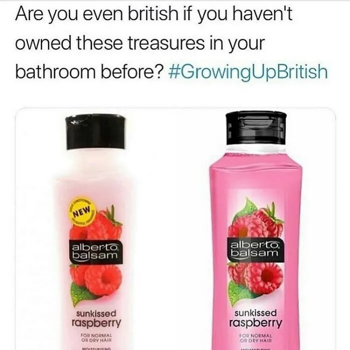 British humor meme about iconic Alberto Balsam raspberry shampoo and conditioner