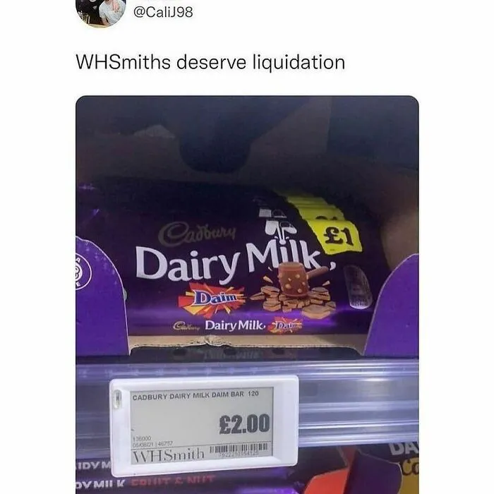 British humor meme mocking WHSmith's expensive Dairy Milk chocolate pricing