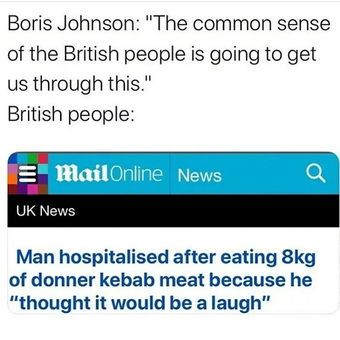 British humor news headline about man hospitalized after eating 8kg donner kebab meat