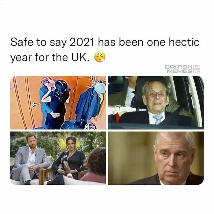 Collage representing hectic year 2021 for UK with images of British public figures
