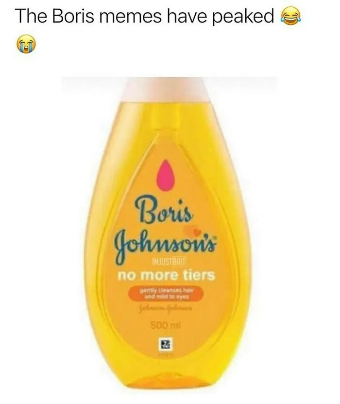 British dry humor with a meme of a shampoo bottle labeled Boris Johnson no more tiers