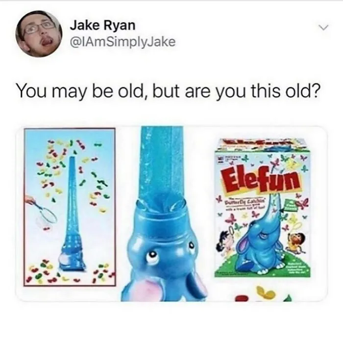 Humorous tweet questioning if viewers are as old as the Elefun game toy