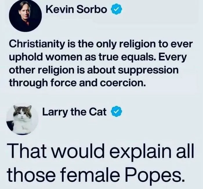 Tweet about Christianity's view on women with cat's sarcastic comment