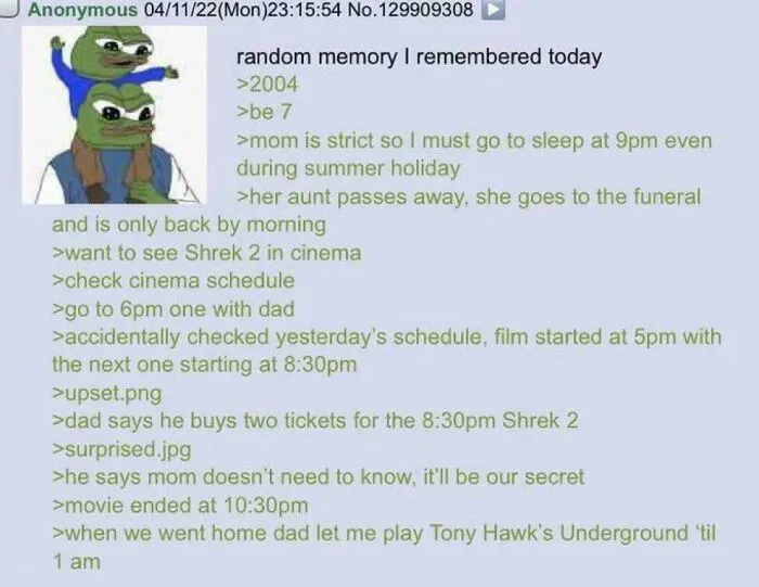 Dad secretly buys tickets for a surprise late movie outing as a wholesome memory