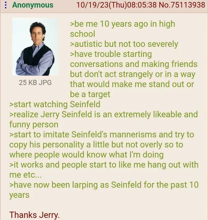 Wholesome life moments about gaining social confidence by imitating Seinfeld's mannerisms