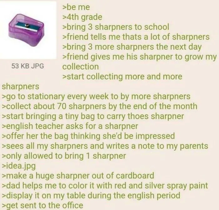 Collecting pencil sharpeners story about a huge sharpener craft and school rules