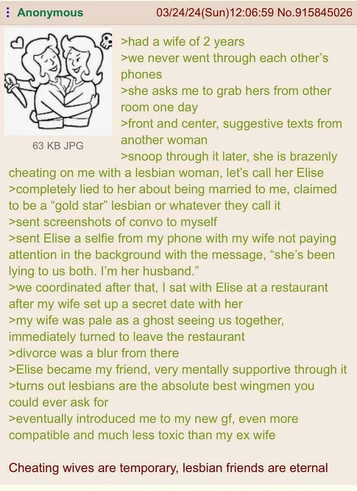 Wholesome story about finding friendship and support after a cheating wife in a lesbian relationship