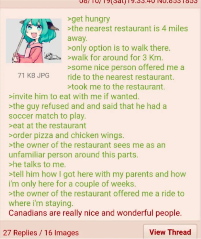 Kindness of strangers in Canada described through a story involving a restaurant ride