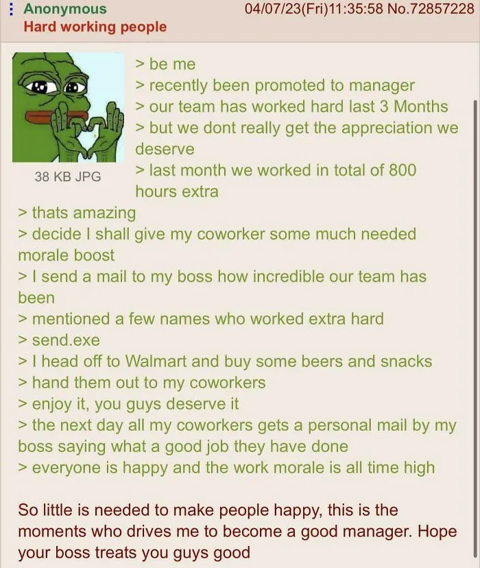 Manager boosts team morale with praise and treats after hard work