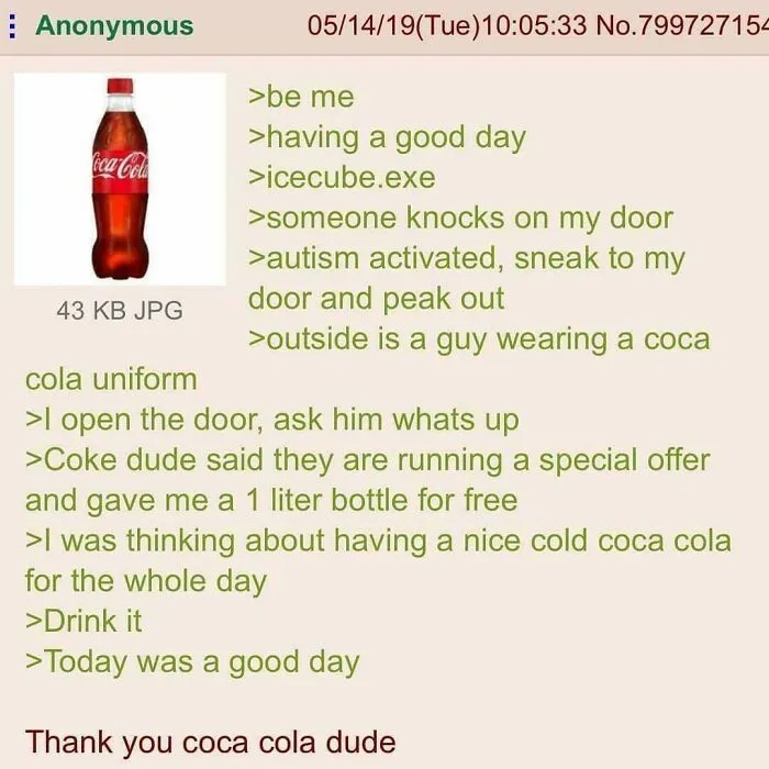 Good day story about receiving free Coca Cola from a promotional uniformed worker