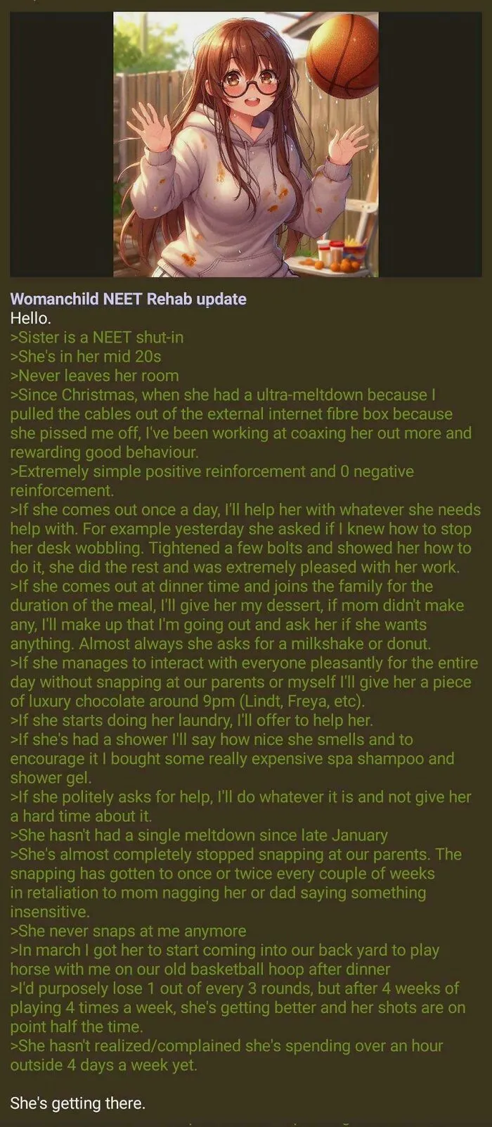 NEET rehab update about sister's gradual recovery with positive reinforcement and family support