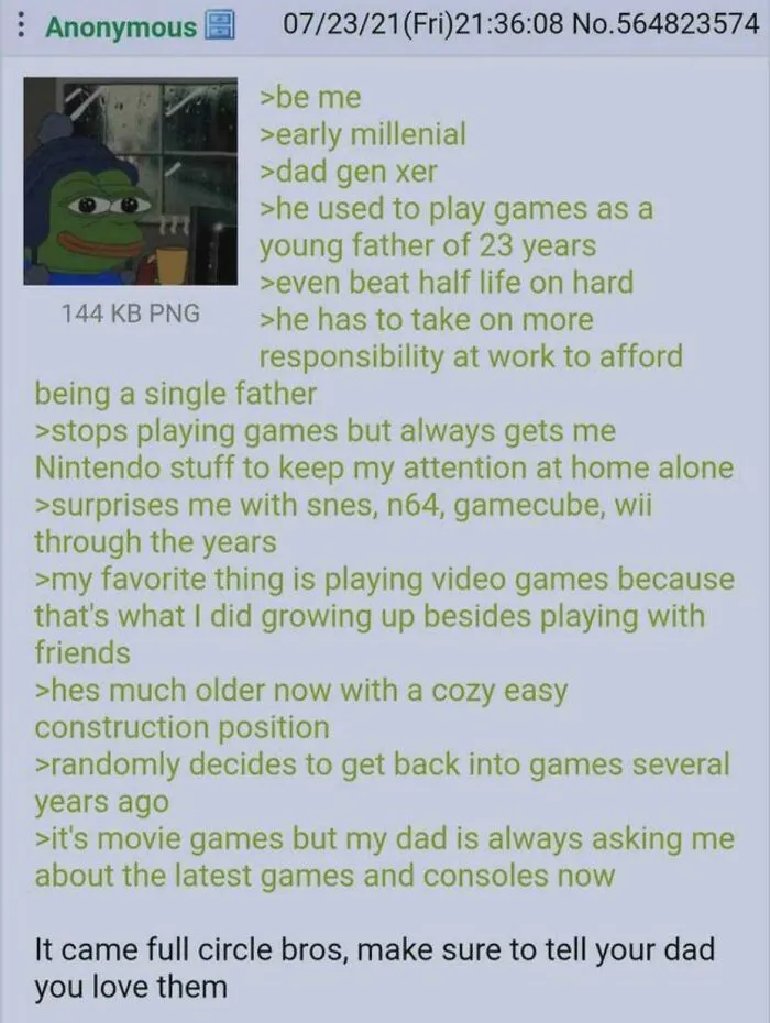 Wholesome life moment about a single father bonding through video games with his millennial child