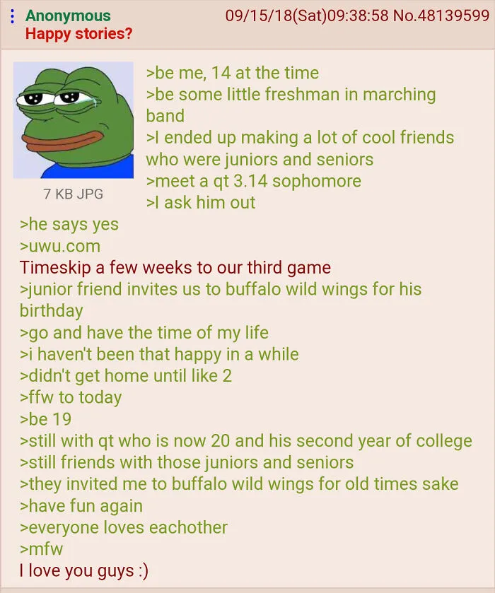 Wholesome story of friendship and love involving marching band and Buffalo Wild Wings