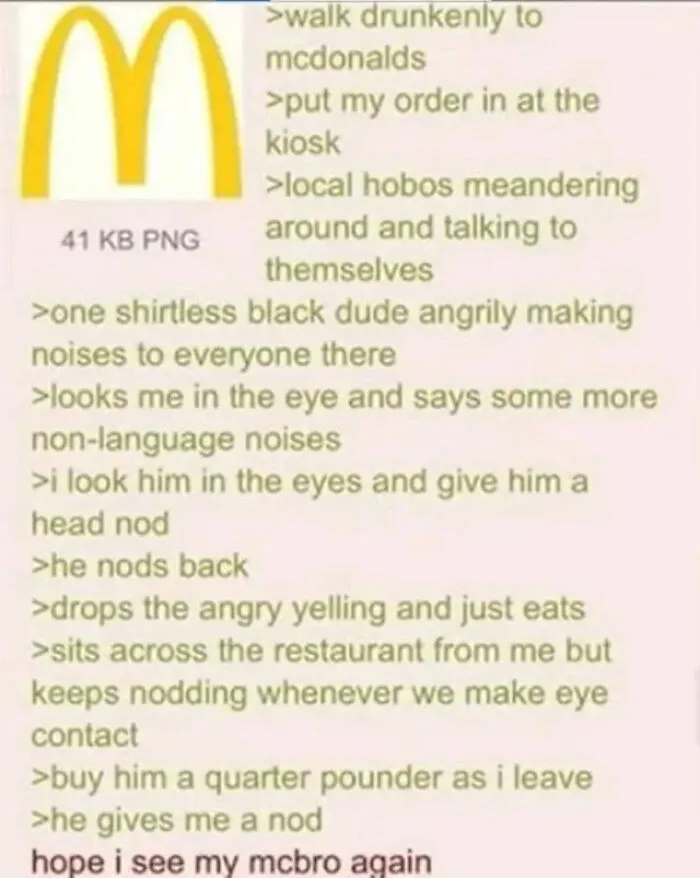 Wholesome life moments showing connection and kindness at McDonalds with strangers nodding in understanding