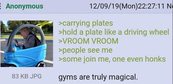 Funny wholesome moment of pretending to drive while carrying plates at the gym