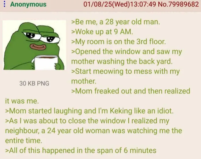 Funny wholesome life moment about a man meowing at his mother and neighbor watching him