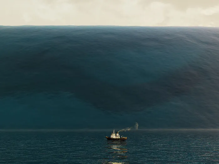 Small boat sailing on ocean with huge dark deep-water wave behind