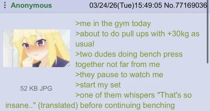 Gym workout with pull ups witnessed by supportive bench pressing friends