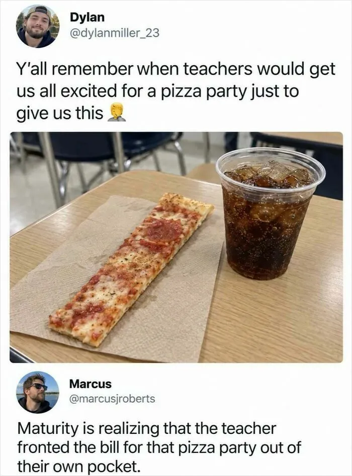 Silly and fun post comparing school pizza party slices to a realization about teacher budgets