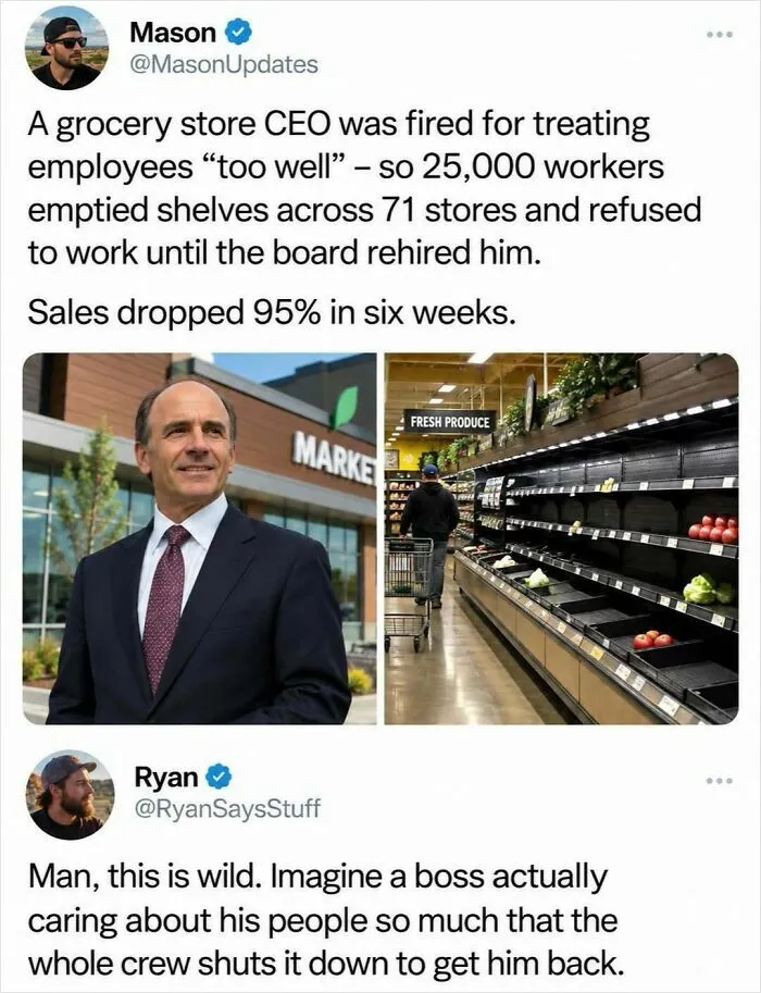 Entertaining post showing news about grocery store employees striking for a beloved CEO