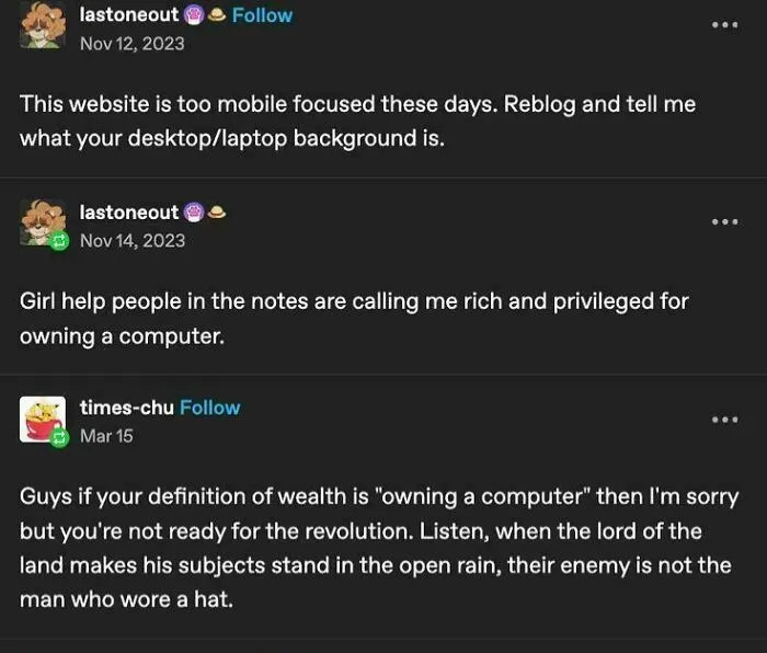 Tumblr discussion about owning a computer and wealth definition