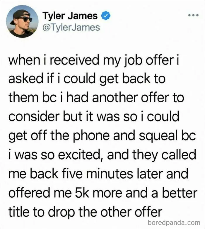 Silly and fun post showing a tweet about playing hard to get during a job offer negotiation