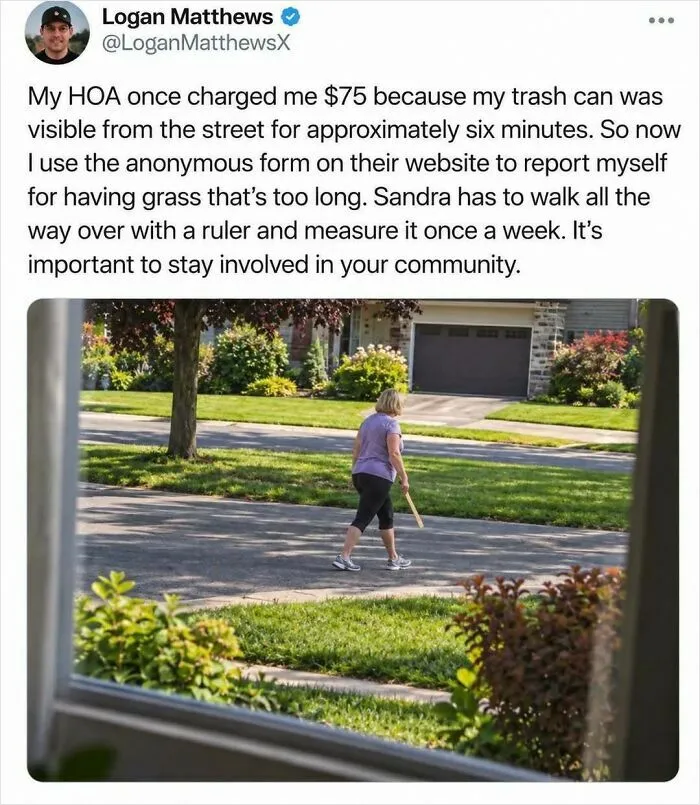 A woman walking down a suburban street carrying a ruler, captured in entertaining silly posts about HOA rules.