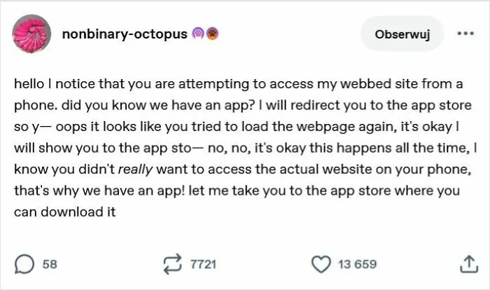 Tumblr post humor about app store redirection frustration on mobile