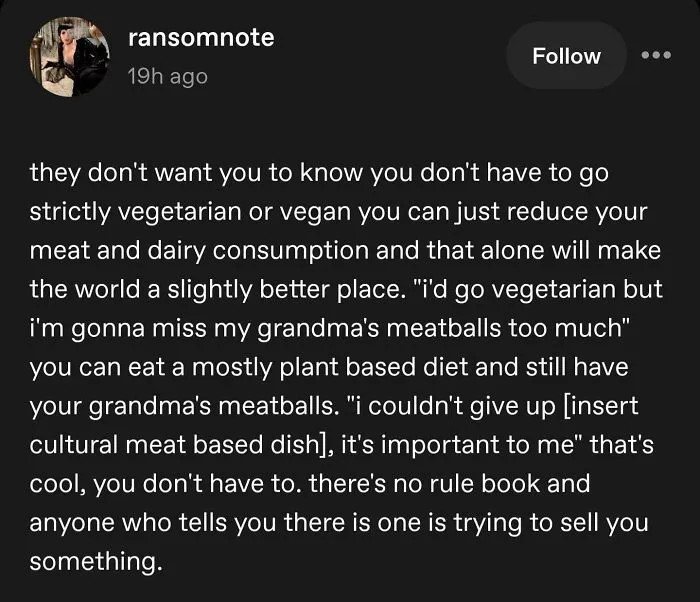 Tumblr text post about reducing meat consumption for a better world