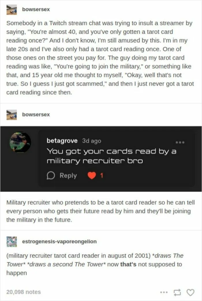 Tumblr post about military recruiter disguised as a tarot card reader