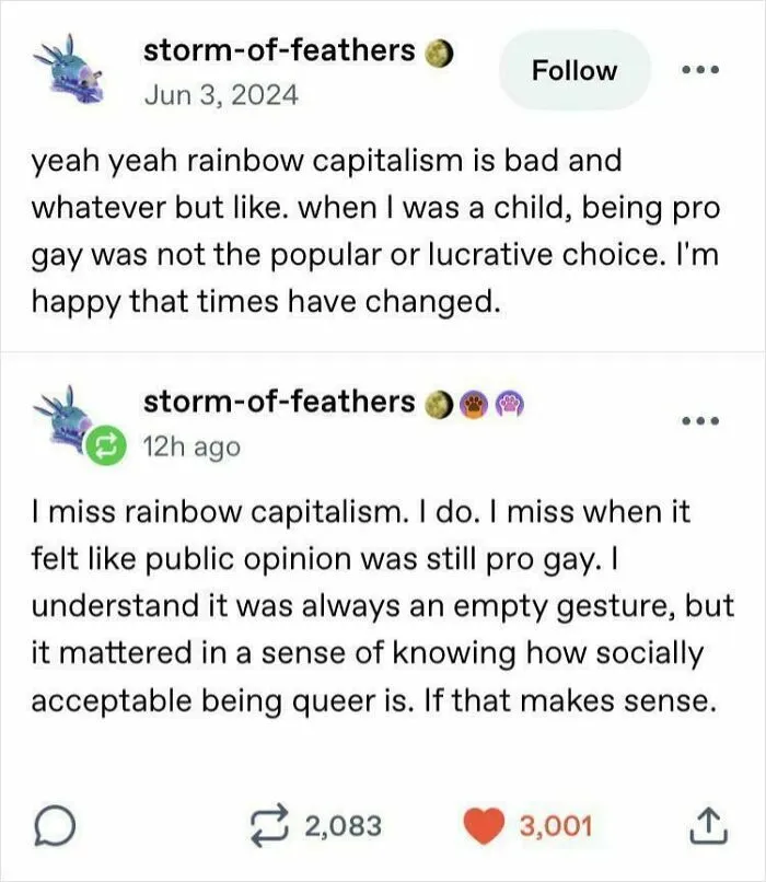 Tumblr post discussing rainbow capitalism and pro gay public opinion