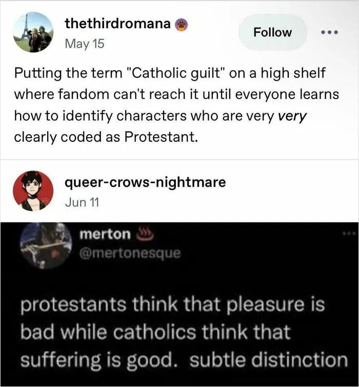 Tumblr post comparing Catholic guilt and Protestant character identification